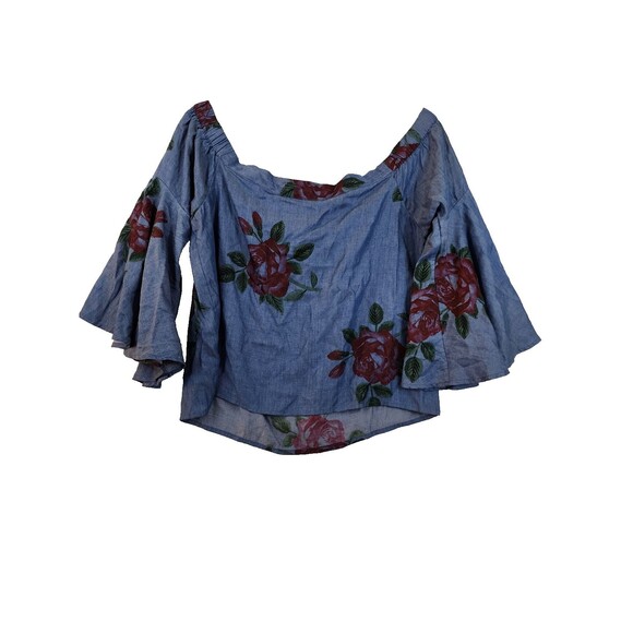 Amuse Society Womens M Off Shoulder Floral Chambray Bell Sleeve Crop Top - Picture 1 of 5